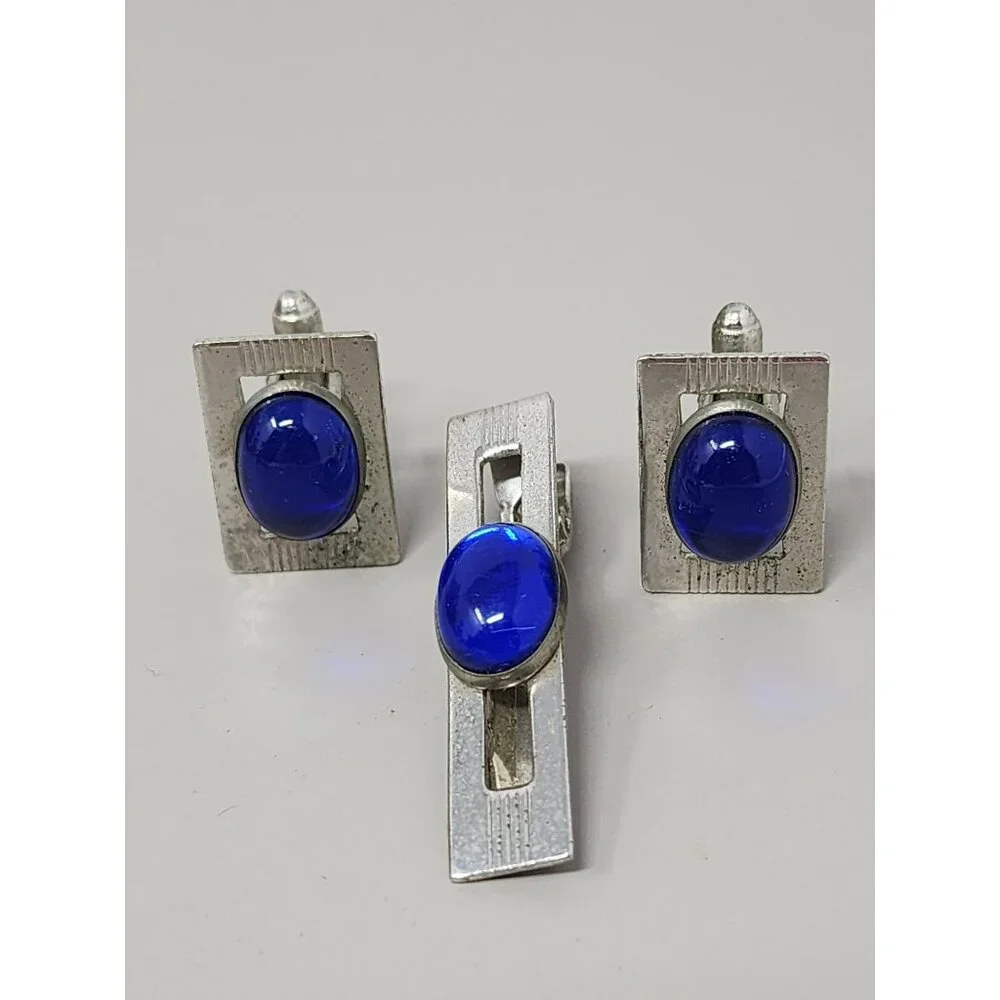 Vintage Tie Clip &‎ Cufflinks Signed ANSON Cobalt Blue Lucite & Silver